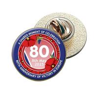 VE Day 80th Anniversary Clutch Badge - (1945-2025) Remembrance Badge for Street Parties, Events & Historical Celebrations Design 7, Full Gold Metal, 1 Pack