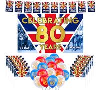 Ve Day 80th Anniversary Flag 2025, Ve Day 80th Anniversary Decorations, 64 Pcs Decorations Day Flag Balloons Bunting, for Garden Table Indoor Outdoor Party Decoration