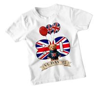 VE Day 80th Anniversary Kids T-Shirt 2025 - Union Jack British Flag Victory in Europe Day Tee, WWII Remembrance Costume Top for Boys & Girls, School Celebration #1 - L White