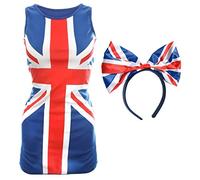 VE Day Ladies Union Jack Dress and Bow Headband - Xsmall - Blue Dress with Union Jack Flag Design and Union Jack Bow on a Headband - King's Coronation Street Party Fancy Dress Costume