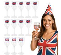 VE Day Union Jack Wine Glasses - Pack of 12 300ml/10.5oz Reusable Plastic Wine Glasses with Union Jack Flag Design - Victory in Europe Day 80th Anniversary Patriotic British Celebration Street Party
