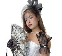 Ve-Lumiveve 4Pcs Fascinator Hat - Tea Party Accessories for Women with Fan, Faux Pearl Necklace and Lace Glove - Vintage Black Veil Hat for Wedding, Cocktail Tea Party and Cosplay