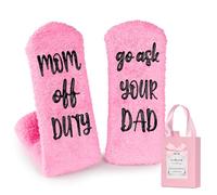 Veachog Pink Fuzzy Socks for Mom Wife Boss Cat Lovers Gifts, Funny Valentines Day Gifts for Cat Mom Wife Boss Socks for Women, Mom Off Duty Go Ask Your Dad Pink, 6-15