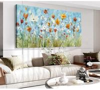 VEAEE Wildflowers Canvas Wall Art Daisy Flowers Canvas Pictures Abstract Orange Red Green Floral Blossom Landscape Painting for Living Room Bedroom Kitchen Dining Room Home Office Decor 20"x40"