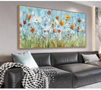 VEAEE Wildflowers Canvas Wall Art Daisy Flowers Canvas Pictures Abstract Orange Red Green Floral Blossom Landscape Painting for Living Room Bedroom Kitchen Dining Room Home Office Decor 20"x40"