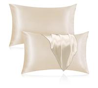 Veaken Silk Pillowcase for Hair and Skin, 2 Pack 100% Mulberry Silk Pillowcase 25 Momme, 600 Thread Count, Both Side Pure Silk Pillow Cover with Hidden Zipper (Beige, Queen 20''×30'')