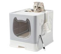 Vealind Covered Litter Box with Lid, Low Entry Kitten Small Litter Box Enclosure with Scooper and Brush, Anti-Splashing Top Entry Litter Box Grey
