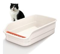 Vealind Large Cat Litter Tray High Sided and Low Entry Cat Litter Box 60 x 40 x 16 CM Easy Access Leak Proof Anti Splash Kitten Litter Trays (Beige)