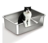 Vealind Stainless Steel Cat Litter Tray Large Metal Cat Litter Box with Low Entry & High Sides for Kitten Senior Kitty and Arthritis Cats Rectangular, Polished Finish, Easy Clean