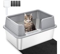 Vealind Stainless Steel Litter Box Metal Cat Litter Tray Heavy Duty, High Sided Cat Litter Tray with Detachable Rim Enclosure Sturdy Durable Large Kitty Litter Pan