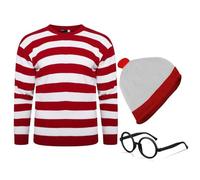 VEARZ Unisex Adults Red and White Jumper Hat Glasses Set - Mens Womens 3 Pcs Book Week Fancy Dress Striped Sweater Top Plus Size L