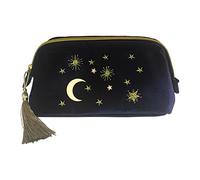 VECANCE Navy Makeup Bag Organizer, Velvet Embroidered Applique Stars Moon Cosmetic Make Up Bag Pouch with Tassels Deco, Beautician Storage Bag Clutch Handbags, Navy, Small (Pack of 1)