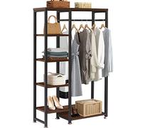 VECELO Free-Standing Garment Rack, Heavy Duty Closet Storage Organizer with 5 Shelves and Hanging Rod, Black Metal Frame, Easy Assembly, Rustic Brown