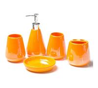 VECNUM Ceramic Perlglaze Bathroom Bathroom Accessories Set with Soap Dispenser, Toothbrush Mug, Soap Shell, Toothbrush Holder, 5Pcs,Orange