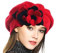VECRY Womens French Beret 100% Wool Berets Floral Knit Beanie Skull Cap Dress Winter Hat (Red,M)