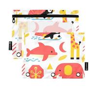 Vector Animal Giraffe Elephants Red Pen Binder pouching with Clear Window Pencil Bags in Assorted Colors Binders 3 Ringing School Class Office Organizers Multicolored 2 PCS