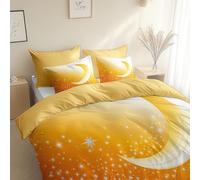 Vector Style Moon Stars Bedding Set, King 230 x 220 cm - 3 Piece - Quilt Reversible Duvet Covers with 2 Pillowcases, Gold Duvet Set, Comfy Breathable Quilt Cover
