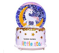 VECU Unicorn Snow Globe, 80 MM Automatic Snowfall Cartoon Moon Music Box Home Decoration for Girls Kids Granddaughters Babies Birthday Gift, Musical, Resin/Glass