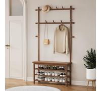 VEDECASA Bamboo Coat Rack with Shoe Bench, Hallway Storage Bench with 13 Hooks and 3-Tier Shoe Rack, Freestanding Entryway Organiser for Hallway, Foyer, Bedroom, Walnut