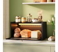 VEDECASA Bread Box for Kitchen Counter, Bamboo Bread Bin with LED Sensor Light and Acrylic Door, Bamboo Bread Storage Container for Loaves, Rolls and Pastries, Black 38×24×20cm