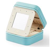VEE&CO. Women's Day Gifts 2024 Small Travel Jewelry Case, Mini Jewelry Organizer with Mirror Portable Display Storage Jewelry Box for Earrings, Rings, Necklaces, Bracelet for Women Girls (Blue)