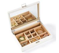 Vee Jewellery Box Organiser, Jewellery Case with big Mirror, PU Leather Jewelry Storage Display Holder for Necklace Earrings Rings Bracelets,Lockable,Gift for Women Girls (White)