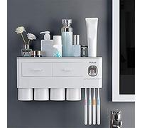 Vee U Feng Toothbrush Holder Wall Mounted With Automatic Toothpaste Dispenser Squeezer Kit,4 Cups And Cosmetic Organizer Drawer (White)
