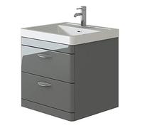 VeeBath APOL201 Cyrenne High Gloss Anthracite Grey Wall Mounted Vanity Storage Basin Cabinet Unit & Polymarble Soft Edges Sink - 600mm