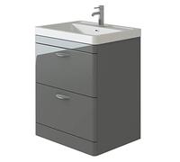 VeeBath APOL302 Cyrenne High Gloss Anthracite Grey Floor Standing Vanity Basin Storage Unit Cabinet & Polymarble Soft Edges Sink-700mm, 700mm