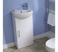 Veebath Bathroom Cloakroom Furniture Compact 400mm White Gloss Vanity Unit Cabinet With Ceramic Basin Free Tap And Waste