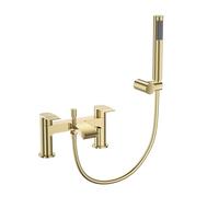 VeeBath Cascade Bath Shower Mixer - Brushed Brass Finish, G3/4" Inlet, Dual Lever, Deck Mounted Bath Mixer Taps with Round Shower Head, Double Round Edge Modern Bathroom Tap