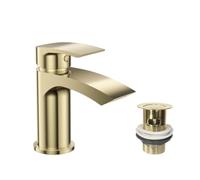 VeeBath Cascade Mono Basin Mixer Tap - Rounded Edge Design, Brushed Brass Finish, G1/2" Inlet with Pop-Up Waste, Single Lever, Deck Mounted, Modern Bathroom Tap, Sink Mixer with 1 Hole
