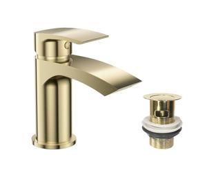 VeeBath Cascade Mono Basin Mixer Tap - Rounded Edge Design, Brushed Brass Finish, G1/2" Inlet with Pop-Up Waste, Single Lever, Deck Mounted, Modern Bathroom Tap, Sink Mixer with 1 Hole