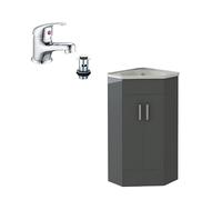 VeeBath Corner Cloakroom Vanity Unit and Basin with Mono Basin Mixer Tap and Waste, Space-Saving Bathroom Furniture Set, Ideal for Small Bathrooms and En-Suites in Grey, 400mm