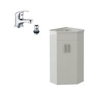 VeeBath Corner Cloakroom Vanity Unit and Basin with Mono Basin Mixer Tap and Waste, Space-Saving Bathroom Furniture Set, Ideal for Small Bathrooms and En-Suites in Gloss White, 400mm