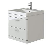 VeeBath Cyrenne High Gloss White Wall Mounted Vanity Storage Basin Cabinet Unit & Polymarble Soft Edges Sink