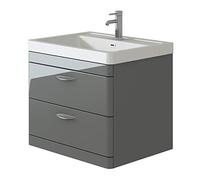 VeeBath Cyrenne High Gloss White Wall Mounted Vanity Storage Basin Cabinet Unit & Polymarble Soft Edges Sink