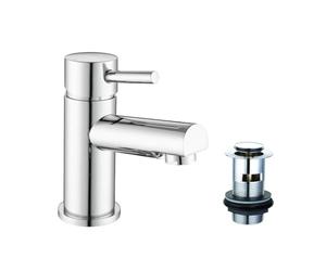 VeeBath Dixon Round Mono Basin Mixer Tap Bathroom Sink Washroom Basin Single Lever Brass Mixer Tap with Pop Up Waste- Chrome