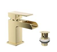 VeeBath Kinetic Square Waterfall Basin Mixer - Modern Brushed Brass Finish, Single Lever Control, G1/2" BSP Inlet with Pop-Up Waste, Deck Mounted Bathroom Taps