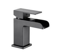 VeeBath Kinetic Square Waterfall Basin Mixer - Modern Matt Black Finish, Single Lever Control, G1/2" BSP Inlet with Pop-Up Waste, Deck Mounted Bathroom Taps, Bath and Basin Taps