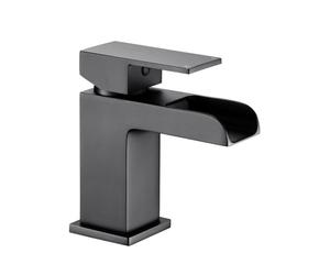 VeeBath Kinetic Square Waterfall Basin Mixer - Modern Matt Black Finish, Single Lever Control, G1/2" BSP Inlet with Pop-Up Waste, Deck Mounted Bathroom Taps, Bath and Basin Taps