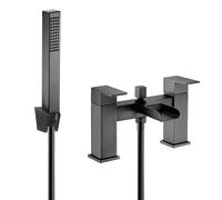 VeeBath Kinetic Square Waterfall Bath Shower Mixer - Matt Black Finish, Dual Lever Control, G1/2" BSP Inlet, Square Showerhead & Handheld Shower, Deck Mounted Bathroom Taps Pair