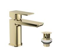 VeeBath Lagoon Soft Square Basin Mixer with Pop-Up Waste - Modern Brushed Brass Finish, Single Lever Control, G1/2" BSP Inlet, Deck Mounted Bathroom Taps, Bath and Basin Taps