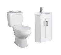 VeeBath Linx 400mm Corner Vanity Basin Unit with Base Close Coupled Toilet Cistern Seat & Mono Basin Mixer Tap inc. Waste (Assembled)