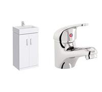 VeeBath Linx High Gloss White 450mm Compact Cloakroom Vanity Unit with Egham Designer Chrome Mixer Sink Basin Tap (Assembled)