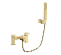 VeeBath Mist Bath Shower Mixer - Brushed Brass Finish with Square Showerhead, Dual Lever Control, G3/4" BSP Inlet, Deck Mounted Square Bathroom Taps Pair, Mixer Tap Shower Attachment