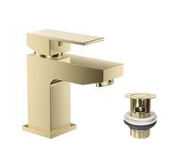 VeeBath Mist Mono Basin Mixer Tap with Waste - Modern Brushed Brass Finish, Single Lever Control, G1/2" BSP Inlet, Deck Mounted Square Bathroom Taps, Sink Mixer Tap for Bathroom