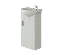 VeeBath Petite Cloakroom Vanity Unit and Basin with Mono Basin Mixer Tap and Waste, Round Bathroom Furniture Set, Ideal for Small Bathrooms and En-Suites in Gloss White, 420mm