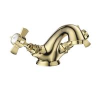 VeeBath Ripple Traditional Mono Basin Mixer Tap - Victorian Style, Brushed Brass Finish, Dual Lever, Deck Mounted Bathroom Taps, G1/2" Inlet with Pop-Up Waste, Classic Sink Tap for Bathroom
