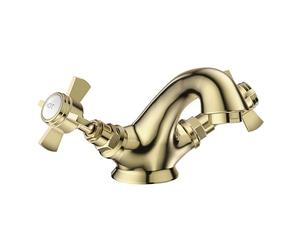 VeeBath Ripple Traditional Mono Basin Mixer Tap - Victorian Style, Brushed Brass Finish, Dual Lever, Deck Mounted Bathroom Taps, G1/2" Inlet with Pop-Up Waste, Classic Sink Tap for Bathroom